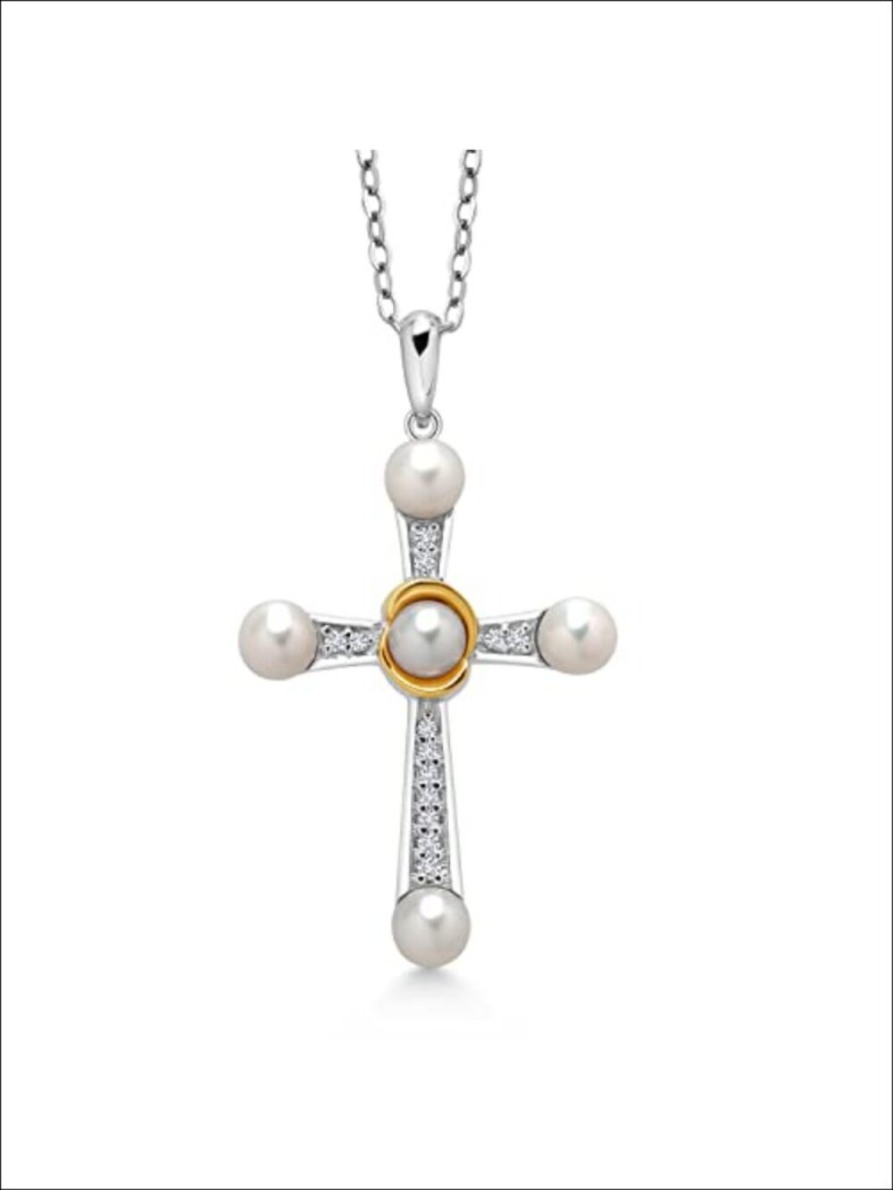 Cross Pendant Necklace 925 Silver 10K Yellow Gold Pearl Lab Diamond 18in